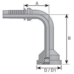 Embout à bride 90° long - 6000 PSI -  1"1/4 DN  54 - Ø Int. tuyau 32 mm - 1"1/4 - B 130 mm