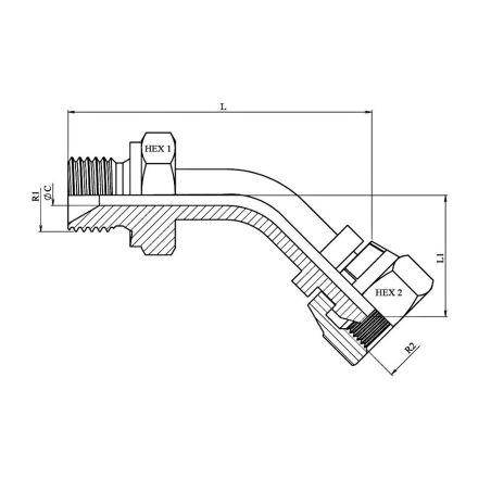 Coude tube 45º - Male - Femelle tournante FBSP(60º) - 1" 1/2 MBSP - 1" 1/2 FBSP