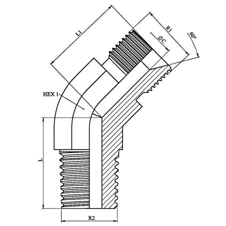 Coude 45º - Male MBSP (60º) -Male MC (60º) - 1/4" MBSP - 1/4" MC