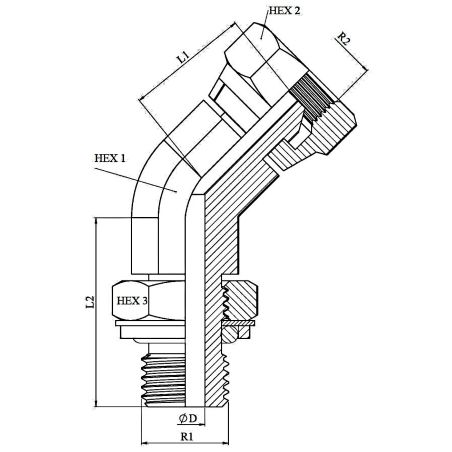 Coude 45º - Male orientable MG OR - fem.tour. FBSP 60º -1" MG OR - 1" FBSP