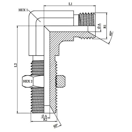 Coude 90º - passe-cloison Male MBSP - 60° - MBSP - 3/8" MBSP - 3/8" MBSP