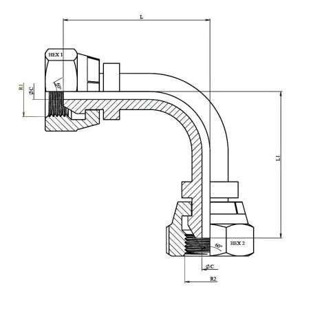 Coude tube 90º -Femelle tournante- Femelle tournante FBSP(60º) - 3/8" FBSP - 3/8" FBSP