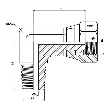 Coude 90º - Male MC- femelle tournante FBSP -forgé - 3/8" MC - 3/8" FBSP